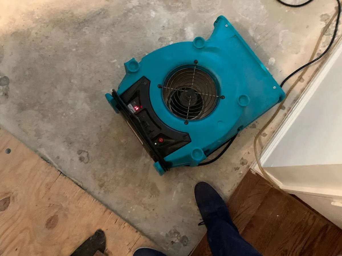 Air mover drying subfloor during Leak Detection & Repair in West Goshen